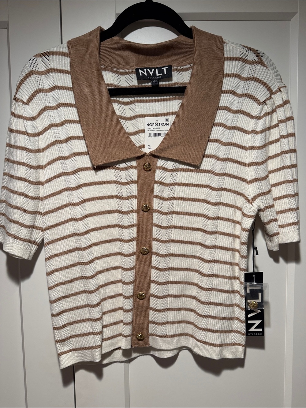 NVLT Cream and Tan Striped Short-Sleeve Polo with Gold Buttons